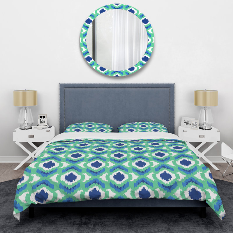 Ensemble de housse de couette vert et bleu Ikat Ogee, Housse de couette pour très grand lit et 2 très