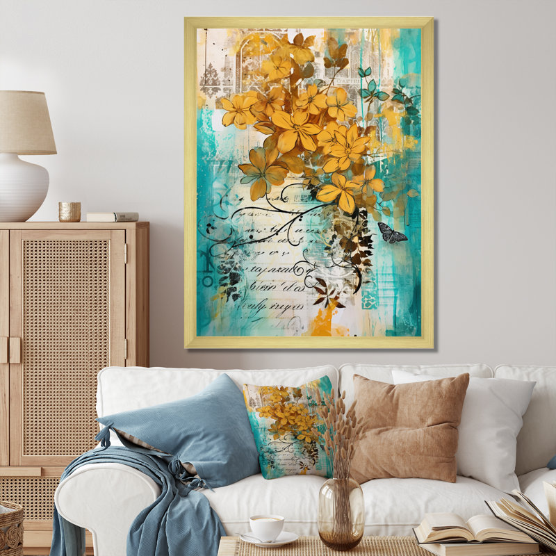 Fleurs jaunes sur turquoise, Cadre photo doré simple, H 20 po x l 12 po x P 1 po