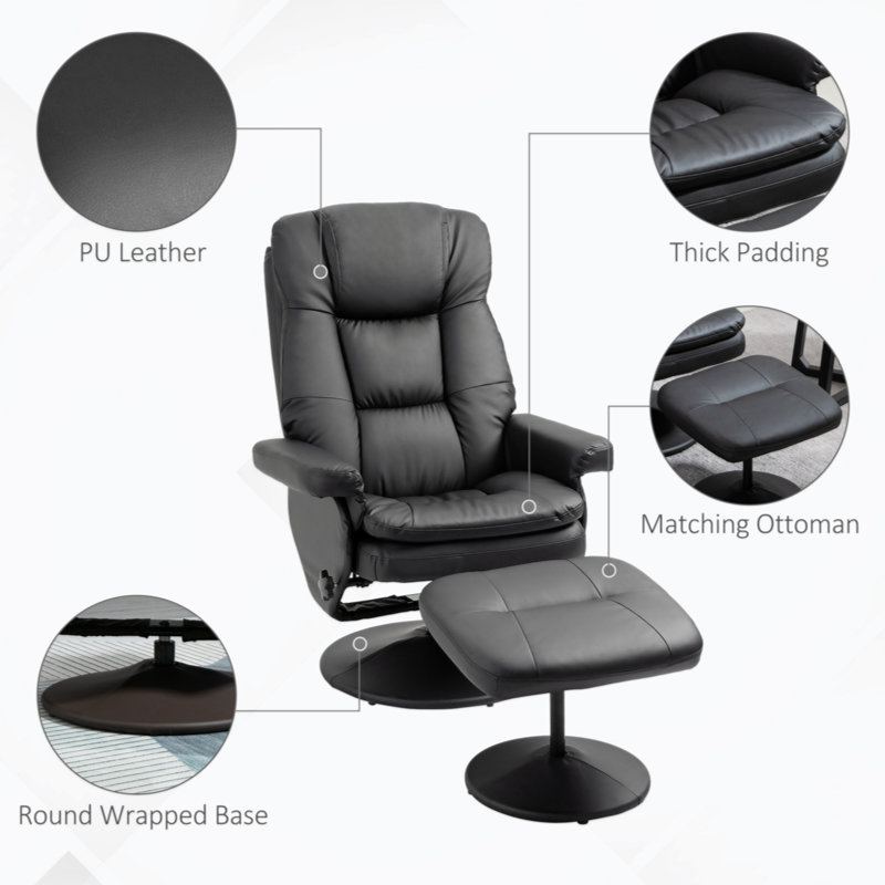 Black Faux Leather Swivel Recliner with Ottoman