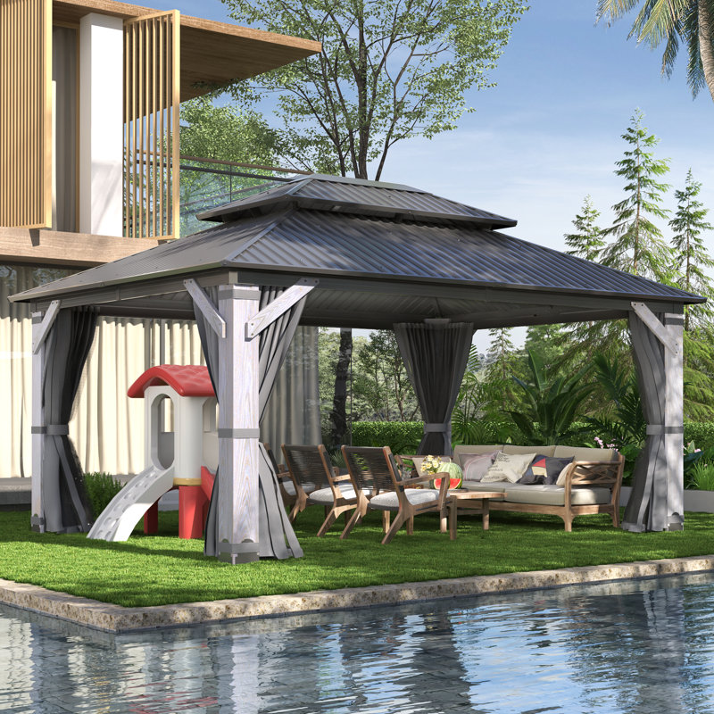 12 ft. W x 16 ft. D Outdoor Wood Gazebo, Hardtop Gazebo Permanent Cedar Wooden Gazebo with Galvanized Steel Double Roof