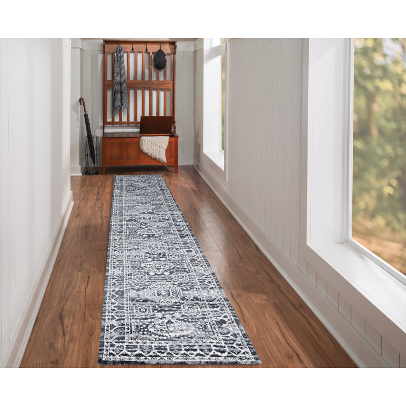 Shoshana Oriental Gray and Ivory Soft Low Pile Area Rug, Runner 2' x 10'