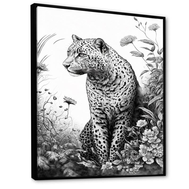Léopard noir et blanc dans la jungle - reproduction d'art sur toile, H 20 po x l 12 po x P 1 po