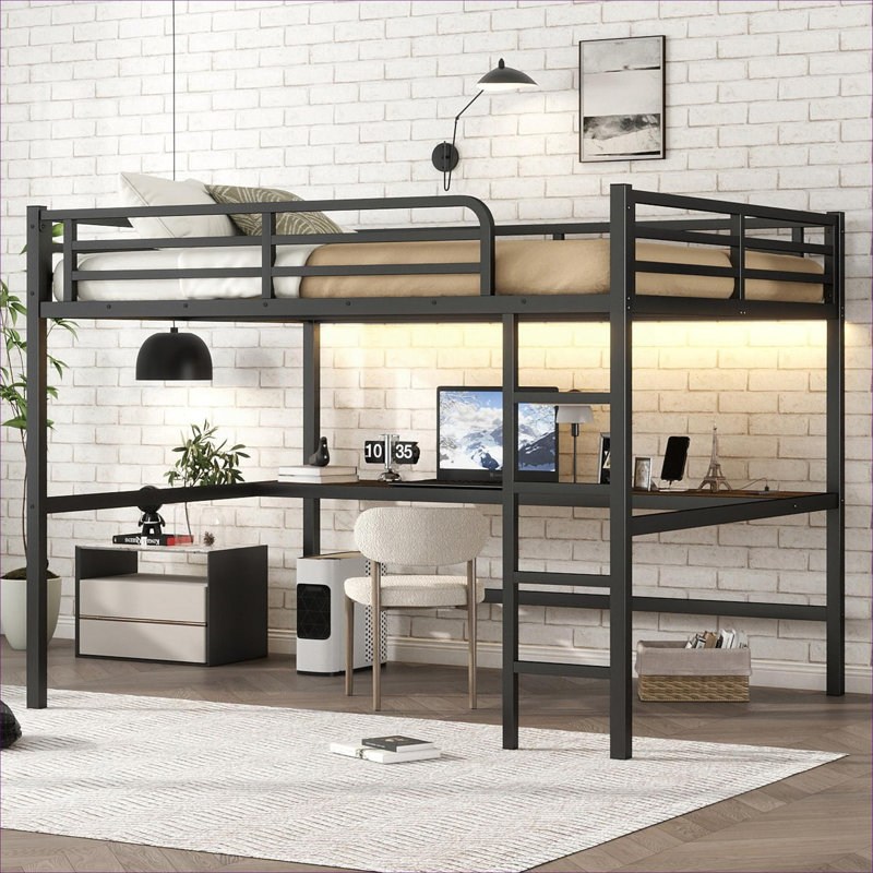 Queen Size Loft Bed For Small Bedroom Space-Saving Sleek Black Metal Frame With Built-In Power Outlets and LED Lights