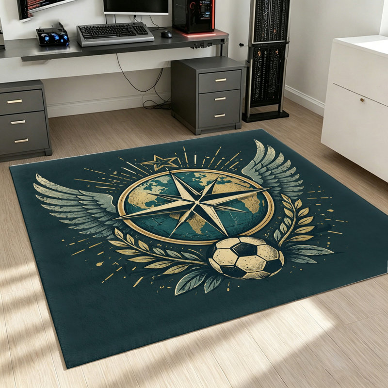 Unique Compass and Soccer Ball Design Area Rug, Vintage Style  Decor, Living Room Rugs, Bedroom, Home Accessories, Indoor Floor Mat for Office Dining Spaces