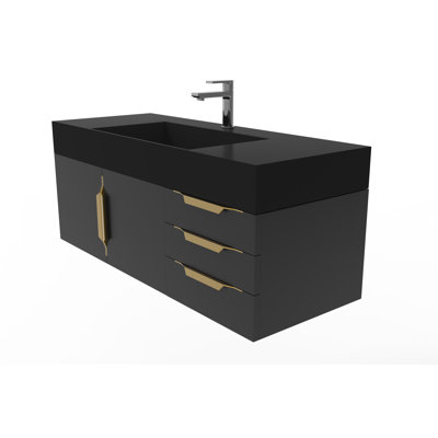 Meuble-lavabo mural simple 48 po avec comptoir à surface solide - base noire, plateau noir, poignées dorées