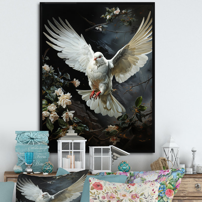 «White Dove Messenger» - art mural colombe, Cadre flottant noir, H 44 po x l 34 po x P 1,5 po