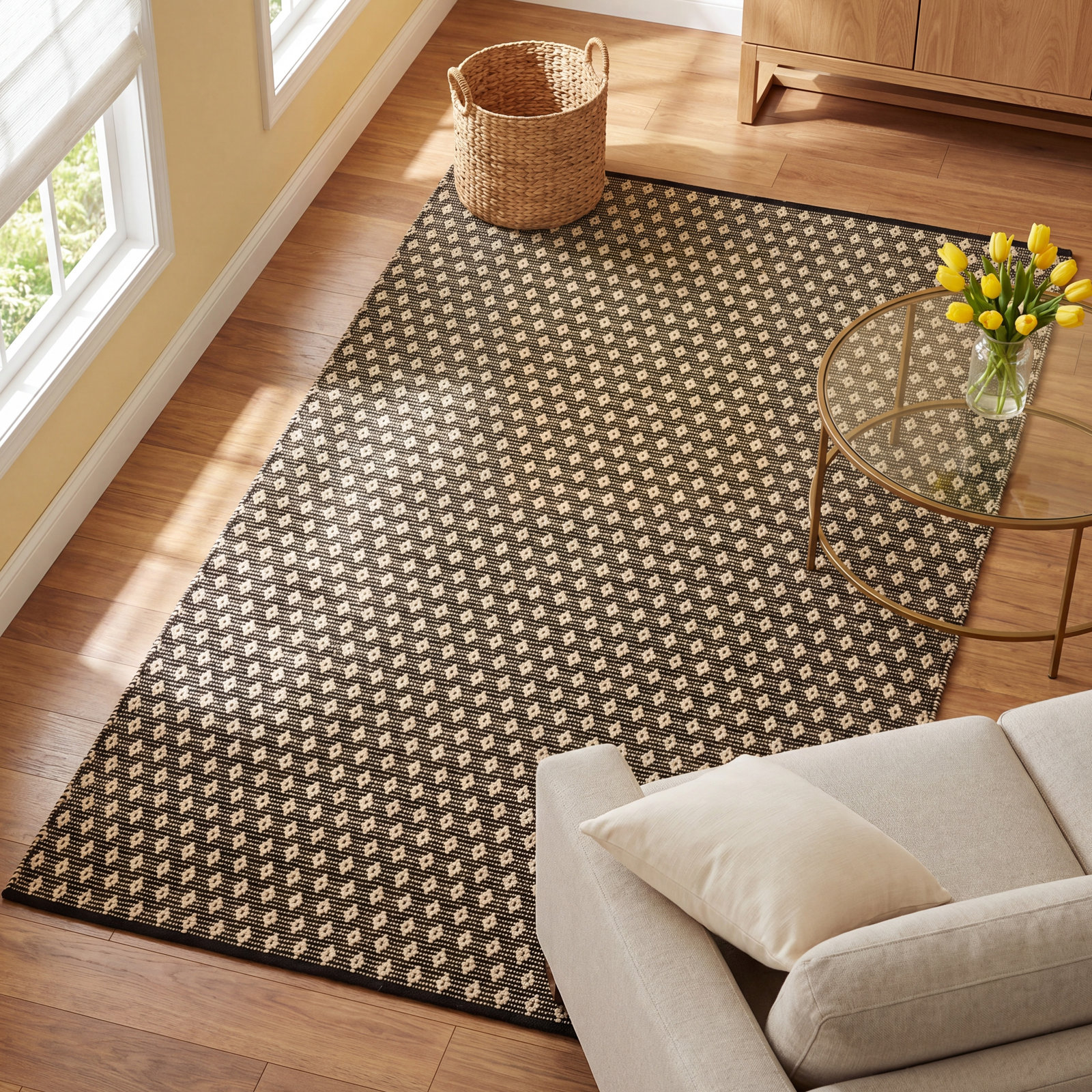Dainty Diamond Black/Ivory Handwoven Cotton Rug, Rectangle 5' x 8'