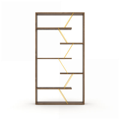 Étagère à livres à dossier ouvert de style industriel moderne à 6 tablettes pour bureau et amp; Salon | Noyer / jaune | Noyer | Bois massif