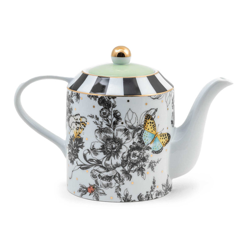 Multicolor Ceramic Butterfly and Floral Print Cylinder Teapot