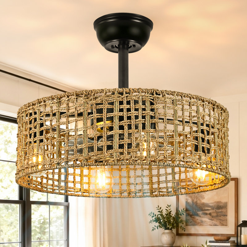 Ventilateur de plafond bohème en rotin de 50 cm avec éclairage intégré, lustre pour salle à manger, tressé à la main, sans assemblage, quincaillerie dorée, luminaire en osier de style campagnard ou côtier pour cuisine, salon, chambre ou hall d'entrée