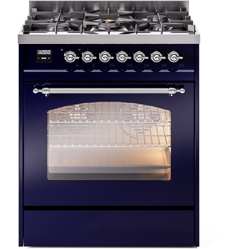 ILVE Nostalgie II Series 30 inch Dual Fuel Range with 5 Sealed Burners (Glass Door), Liquid Propane, RAL/Brass