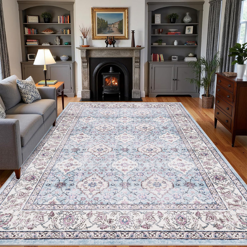 Vintage Area Rug 5 x 7 Floral Print Accent Carpet, Stain-Resistant Oriental Distressed Throw Rug with Non-Slip Backing, Washable Traditional Low Pile Indoor Mat for Living Room, Blue Colorful