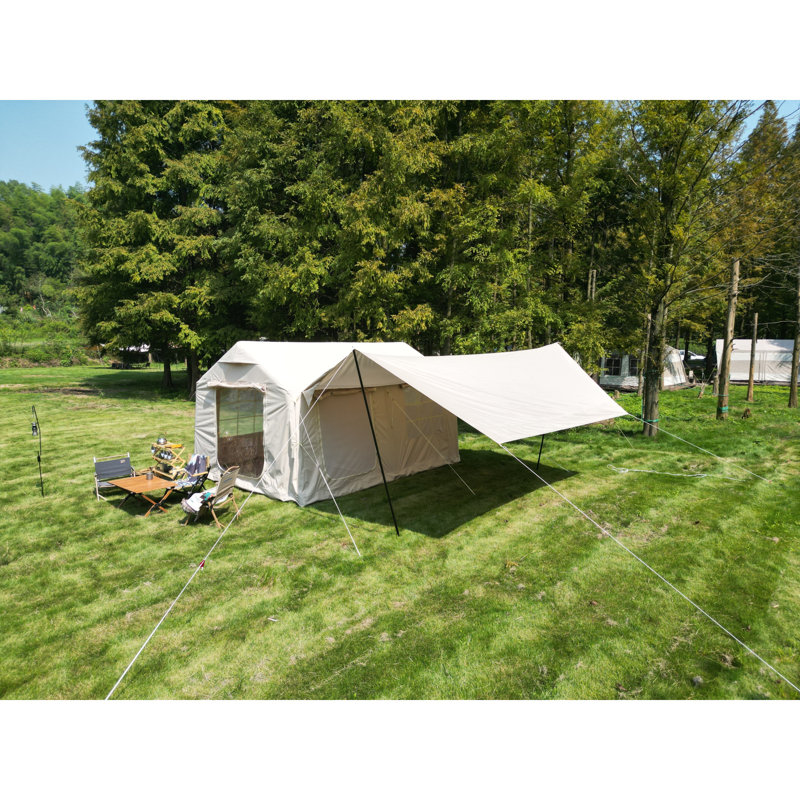 X13ft inflatable camping tent with canopy & hand pump, easy setup waterproof & windproof air glamping tent, beige.