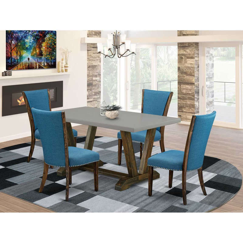 Table de salle à manger 5 pièces en bois massif avec 4 chaises Parson et dossier en treillis, Bleu, Ciment / jacobin délavé