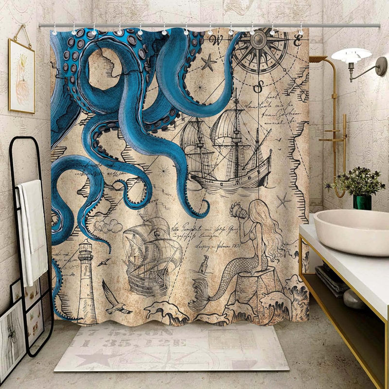 Rideau de douche Nautical Octopus Mermaid Funny Ocean Kraken, Rétro