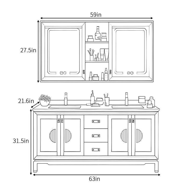 Armoire de salle de bain rétro chinoise haut de gamme, 63" W