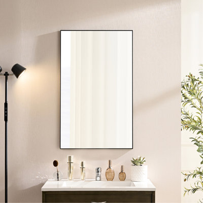 60*22 - Inch, Black Square, Vanity Mirror, Modern Style, , Bracket, Self Adhesive Positioning 60X22inch, Rectangle, Minimalist Metal Frame, Float Glass, Safe Hanging