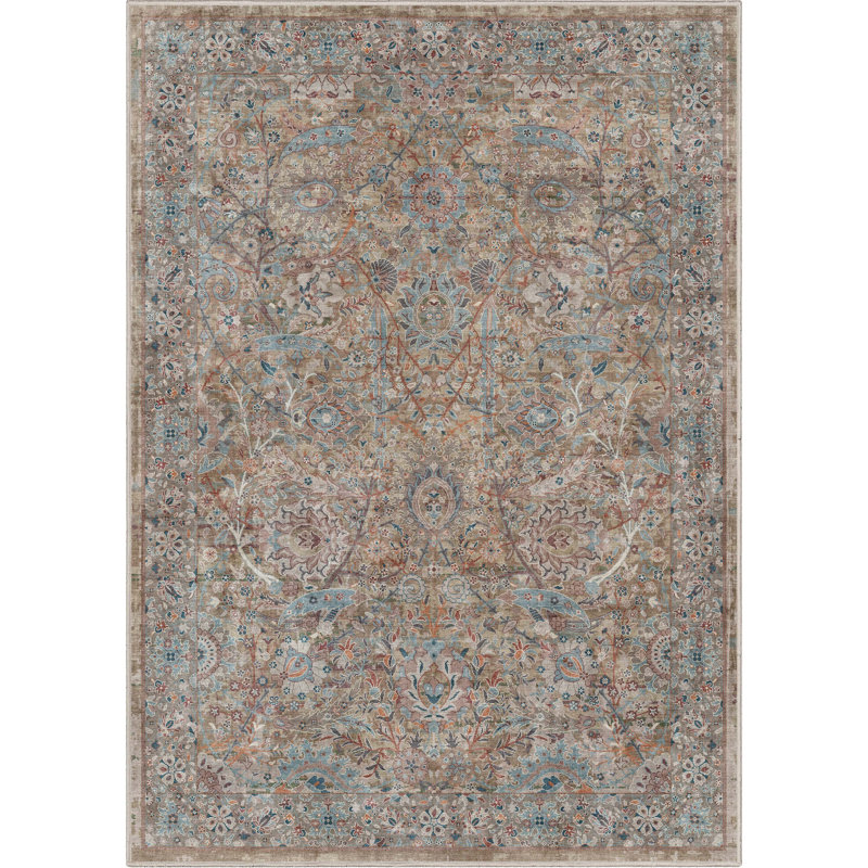Ervin Emilia Vintage Persian Floral Blue Beige Flat-Weave Rug, Rectangle 6' x 9'