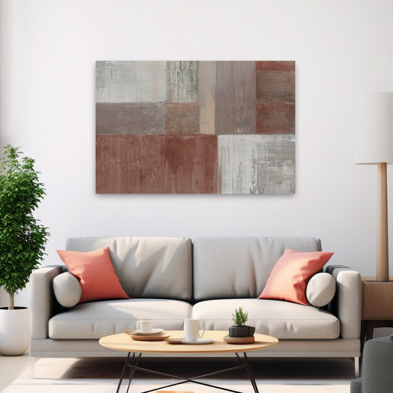 Homespun rouge contemporain abstrait gris brun gris, H 60 po x l 40 po