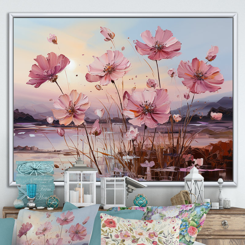 «Beautiful Flower Carnations Field», reproduction sur toile, Cadre flottant blanc, H 34 po x l 44 po x P 0,5 po