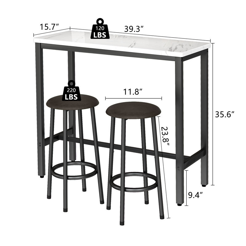 Golliday 3 Piece Dining Bar Table Set, 35.43"H x 39.57"L x 15.75"W, White