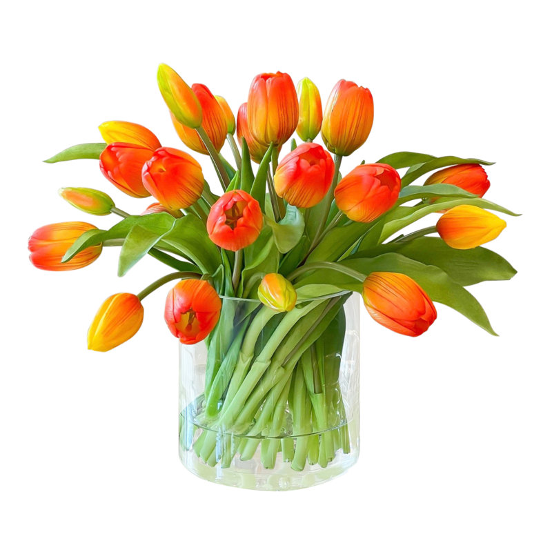 Real Touch Faux Tulip Arrangement In Glass Vase, Orange