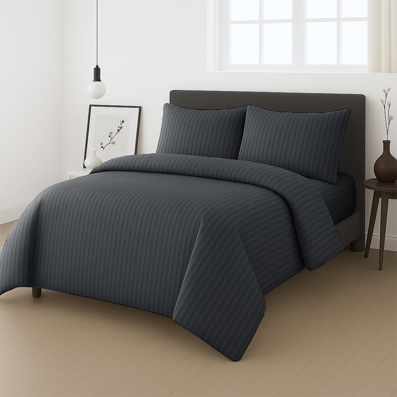Microfiber Stripe Duvet Complete Set With Striped Pillows & Fitted Sheet, Charcoal