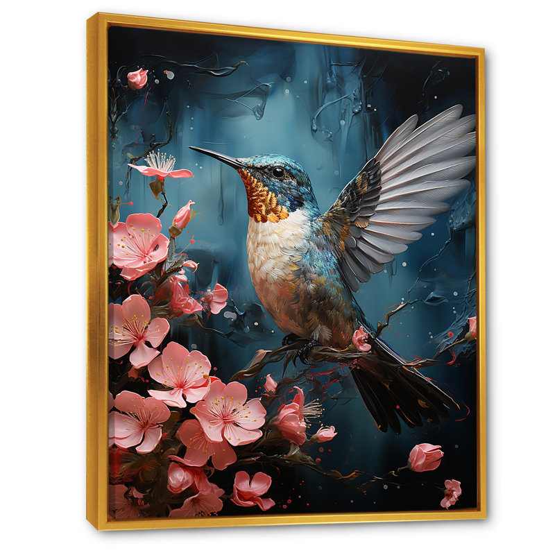 Art floral bleu colibri - Colibri, Cadre flottant doré, H 44 po x l 34 po x P 1,5 po