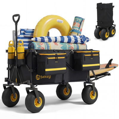 Sekey Heavy Duty Beach Wagon With 9" Big Sand-proof Wheels, 300l Oversized Foldable Beach Cart With Cooler| Adjustable Handle & Balloon Tires For Sand, Camping,vacation
