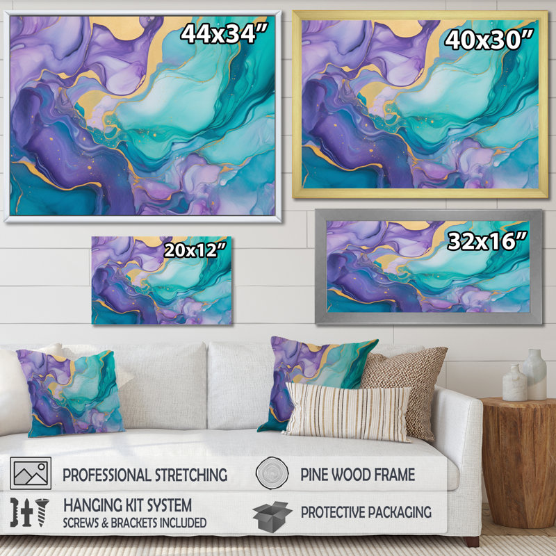 Art mural turquoise et mauve liquide II - Fractals, Cadre simple noir, H 24 po x l 32 po x P 1 po