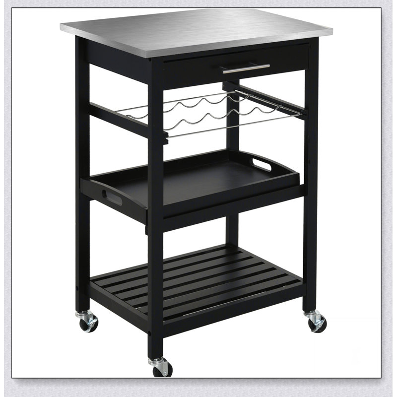 Chariot d'îlot de cuisine durable avec plateau en acier inoxydable, support à vin, tiroir et mobilité facile pour les cuisines modernes