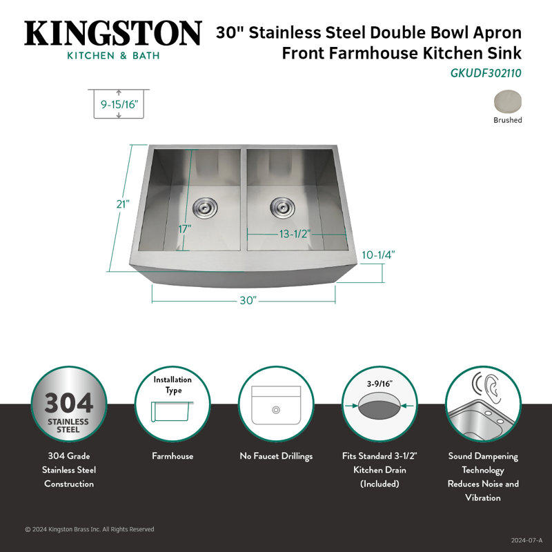 Kingston Brass Uptowne 30-Inch Stainless Steel Apron-Front Double Bowl Farmhouse Kitchen Sink