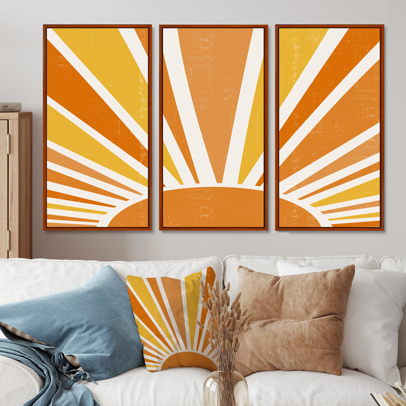 «Minimalist Bright Shining Orange Sun Rays II», reproduction de cadre flottant sur toile 3 pièces, H 28 po x l 36 po, Brun