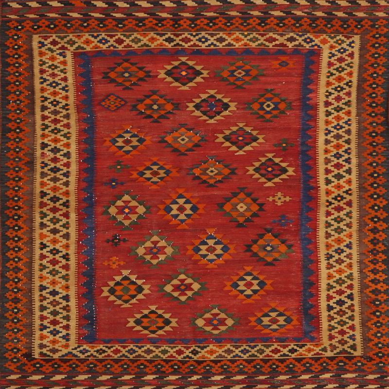 Tapis de zone rouge/brun/crème contemporaine, Carré 7 pi