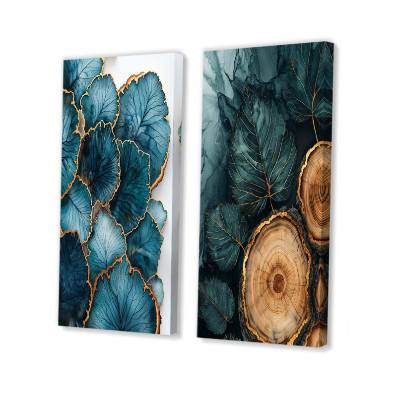 Agate, rivière de feuilles, glissade sur bois I - collection d'art mural floral 2 panneaux, H 32 po x l 33 po, Toile tendue