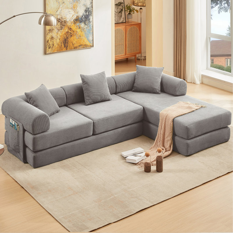 Canapé modulaire en L 3 places en velours côtelé avec coussin de siège à double couche pliable pour canapé d'appoint, Gris