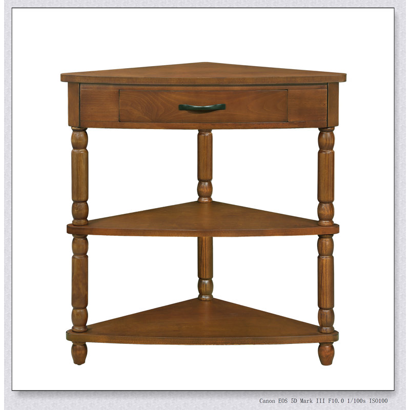 33.8'' Small Triangle Corner Table, Wood Side Table For Compact Spaces With 3 Tiers And Solid Wood Legs, Brown