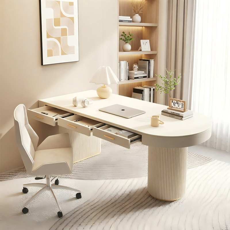 Bureau crème à demi-cercle droit, 3 tiroirs, H 29,53 po x l 55,12 po x P 27,56 po, Retour à droite