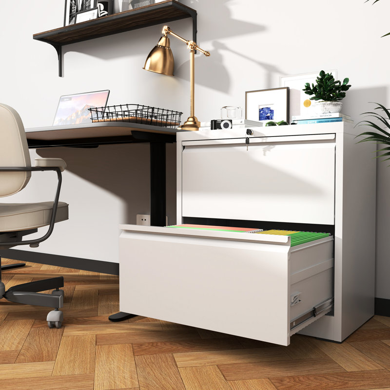 Metal 2 Drawer Lateral Filing Cabinet For Home Office, Ample Storage Space, Bearing Drawers, Foldable Key White File With Lock, Rust - Material, Silent Operation, Interlock
