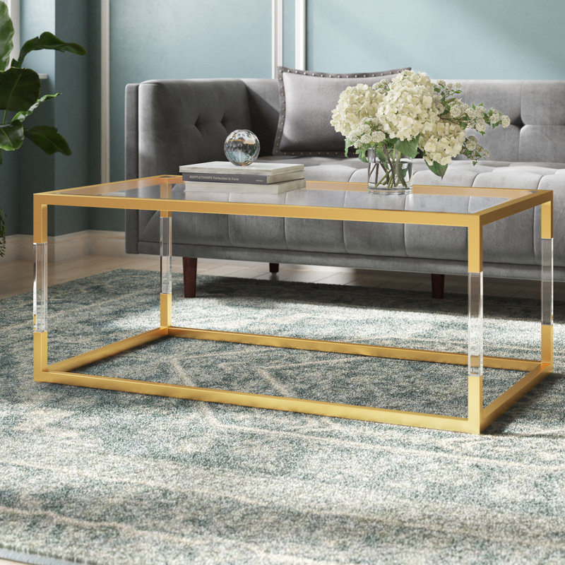 Honea Metal Gold Coffee Table with Clear Glass Top and Acrylic Legs