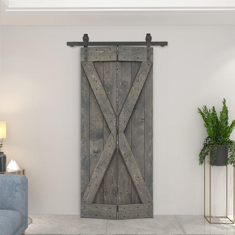 Porte de grange pliante pré-assemblée en bois avec quincaillerie coulissante, 32 po x 84 po, Gris patiné