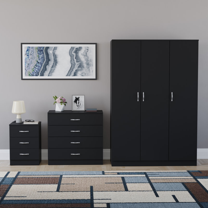 Maybery 3 Piece Bedroom Set (3 Drawer Bedside Chest, 4 Drawer Chest, 3 Door Wardrobe), (5), Black