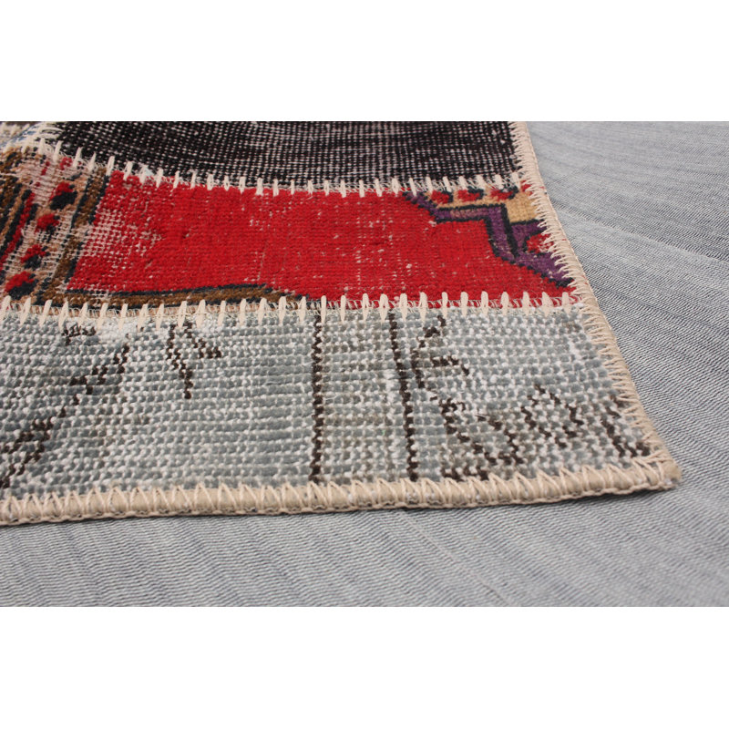Tapis unique en laine noué à la main bleu / gris / rouge des années 2010 de 6 pi x 7 pi 10 po Kamien