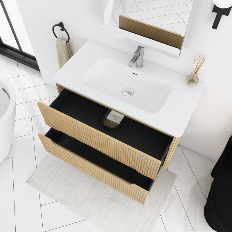 36'' Wall-Mounted Single Bathroom Vanity With Integrated Ceramic Top, Natural Oak