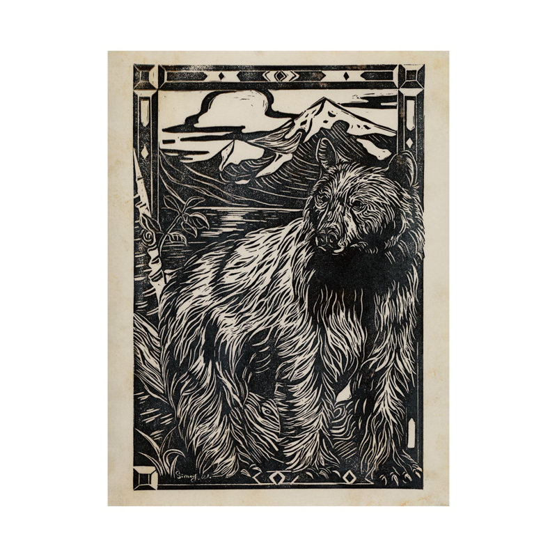 Linocut III (ours) et toile texturée embellie à la main, H 55 po x l 40 po x P 3 po