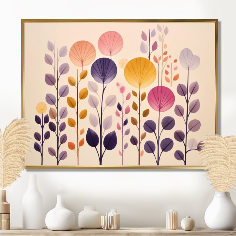 Paysage floral rétro jaune mauve - botanique, art mural, Cadre flottant doré, H 24 po x l 32 po