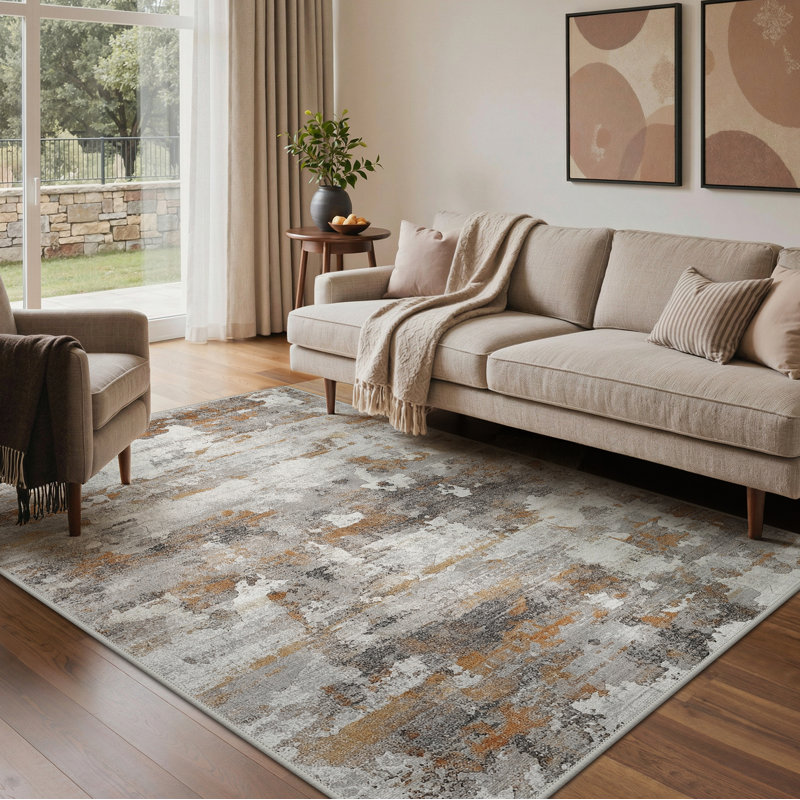 Aura Modern Abstract Machine Washable Distressed Grey / Yellow Indoor Area Rug with Non-Slip Backing, Rectangle 6' x 9'