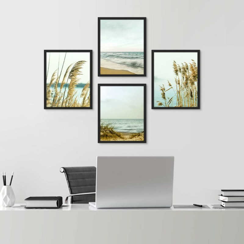 «White Winter California Beach Grass Ocean Horizons», impression sur papier 4 pièces, H 14 po x l 11 po, Noir