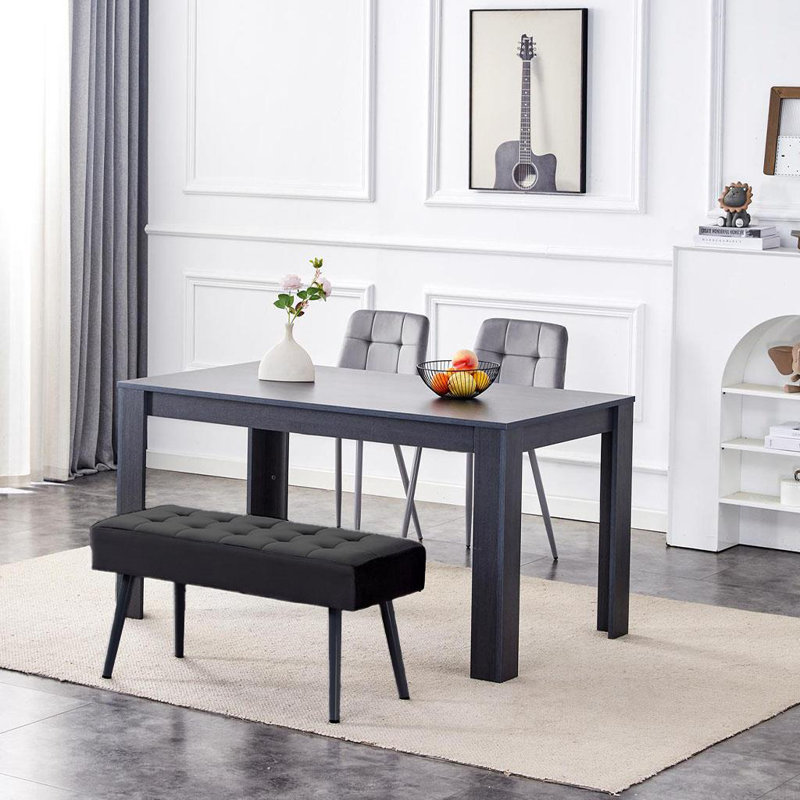 Wooden Dining Set with 2 Velvet Chairs and Bench, Charcoal, Grey, 75cm H x 140cm L x 80cm W