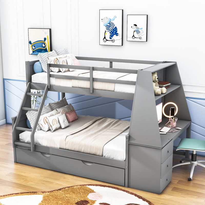 Fahira Kids Twin Over Full Bunk Bed with Trundle with Drawers, Gray